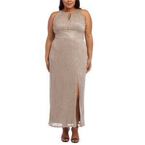 R&M Richards Taupe Metallic Pleated Halter Gown